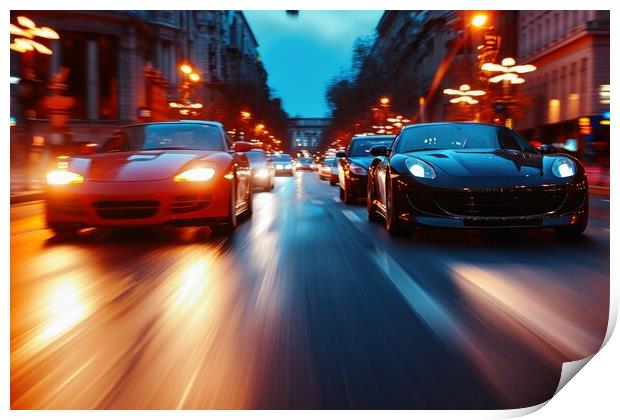 Fast cars in a race on a city road. Print by Michael Piepgras
