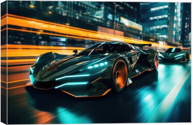 Fast futuristic cars in a race in a city centre at night. Canvas Print by Michael Piepgras