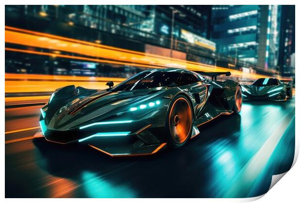 Fast futuristic cars in a race in a city centre at night. Print by Michael Piepgras