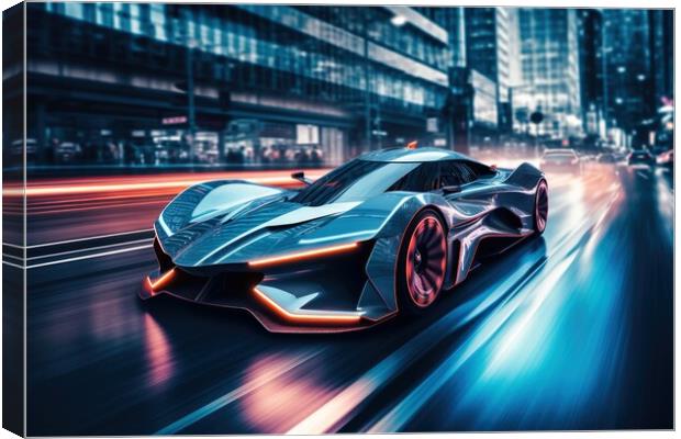 Fast futuristic cars in a race in a city centre at night. Canvas Print by Michael Piepgras