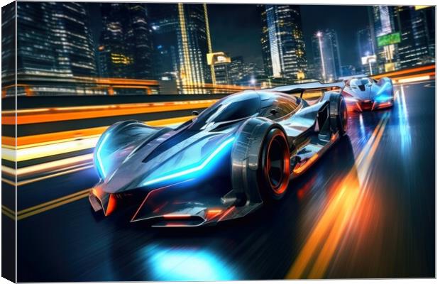 Fast futuristic cars in a race in a city centre at night. Canvas Print by Michael Piepgras