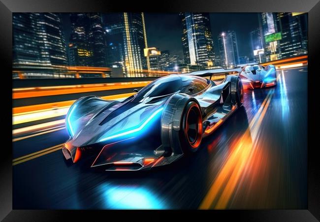 Fast futuristic cars in a race in a city centre at night. Framed Print by Michael Piepgras