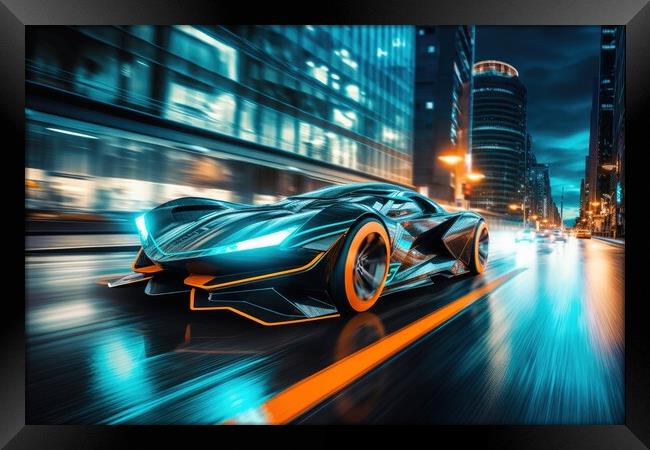 Fast futuristic cars in a race in a city centre at night. Framed Print by Michael Piepgras