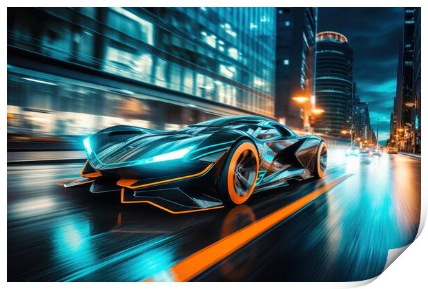 Fast futuristic cars in a race in a city centre at night. Print by Michael Piepgras