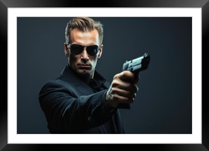 Ficitional secret agent with a weapon in his hand. Framed Mounted Print by Michael Piepgras