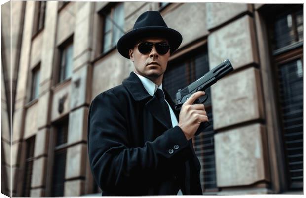 Ficitional secret agent with a weapon in his hand. Canvas Print by Michael Piepgras