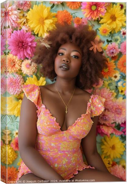 A afro woman sits in front of a flower wall, surrounded by colorful blooms. Canvas Print by Joaquin Corbalan