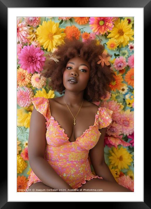 A afro woman sits in front of a flower wall, surrounded by colorful blooms. Framed Mounted Print by Joaquin Corbalan