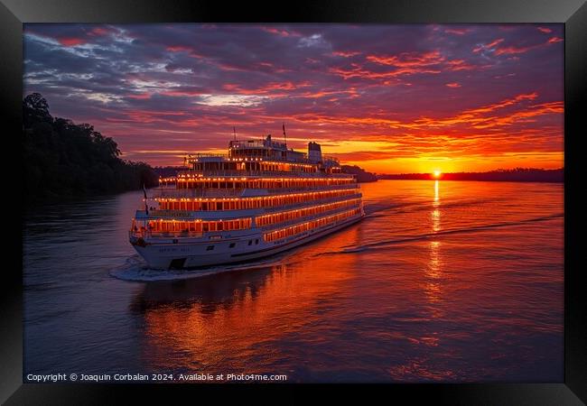 A sizeable cruise ship gracefully sails across a vast body of water, showcasing the magnificent vessel and its movement. Framed Print by Joaquin Corbalan