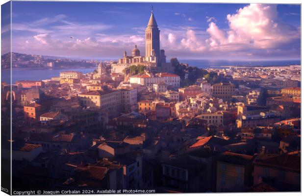 A view of a city with a prominent church tower rising above the urban landscape. Canvas Print by Joaquin Corbalan