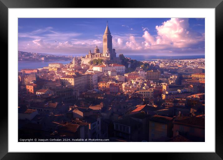 A view of a city with a prominent church tower rising above the urban landscape. Framed Mounted Print by Joaquin Corbalan