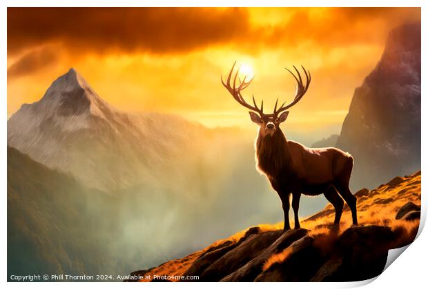 Magnificent highland stag in a scottish mountan range Print by Phill Thornton