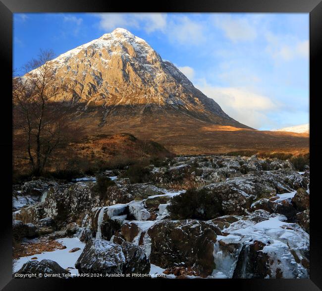 Buachaille Etive Mor and river Coupall in winter, Highland, Scotland Framed Print by Geraint Tellem ARPS