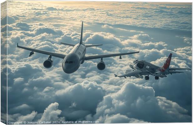 Two military planes, one transport and one escorting fighter, flying in the air. Canvas Print by Joaquin Corbalan