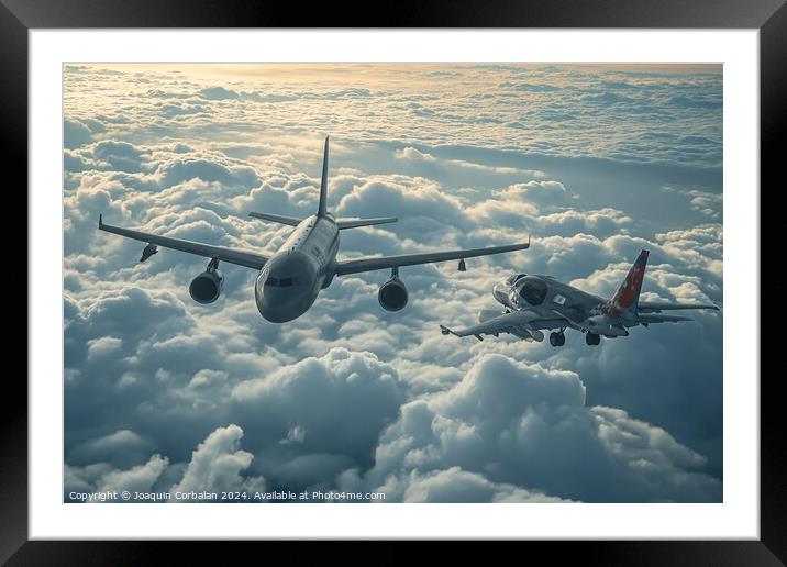 Two military planes, one transport and one escorting fighter, flying in the air. Framed Mounted Print by Joaquin Corbalan