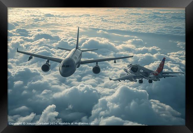 Two military planes, one transport and one escorting fighter, flying in the air. Framed Print by Joaquin Corbalan
