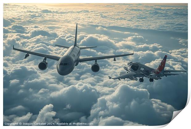 Two military planes, one transport and one escorting fighter, flying in the air. Print by Joaquin Corbalan