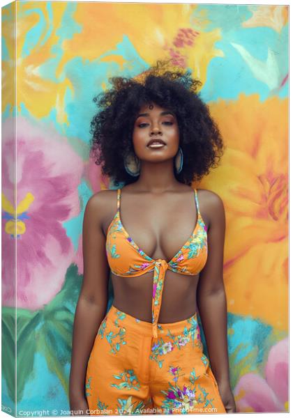 A afro woman wearing a bikini top and shorts stands confidently in front of a vibrant flower wall.; Canvas Print by Joaquin Corbalan