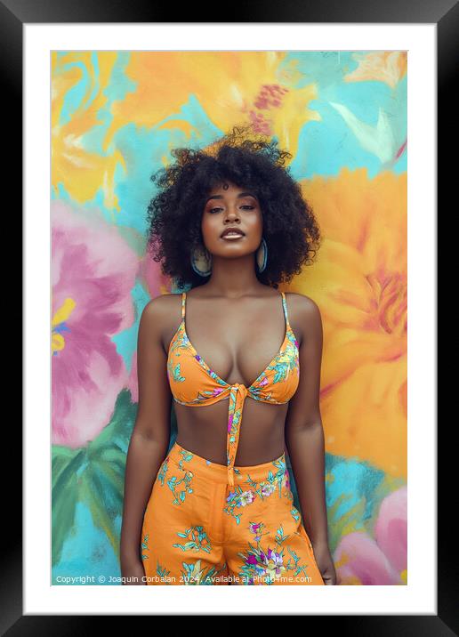 A afro woman wearing a bikini top and shorts stands confidently in front of a vibrant flower wall.; Framed Mounted Print by Joaquin Corbalan