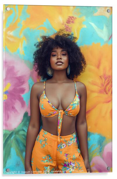 A afro woman wearing a bikini top and shorts stands confidently in front of a vibrant flower wall.; Acrylic by Joaquin Corbalan