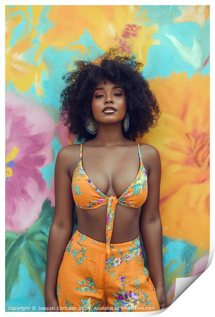 A afro woman wearing a bikini top and shorts stands confidently in front of a vibrant flower wall.; Print by Joaquin Corbalan