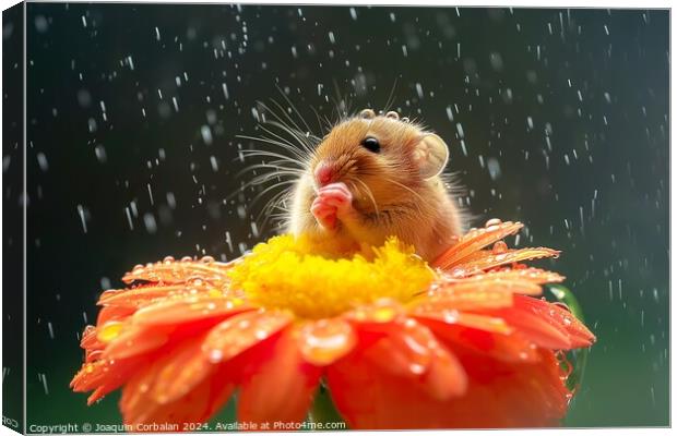 A rodent, like a little mouse, on a flower cooling off with the dew. Canvas Print by Joaquin Corbalan