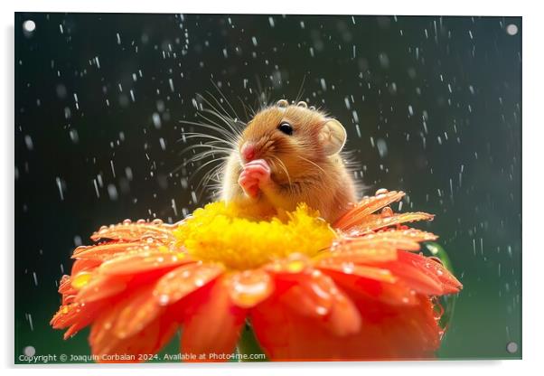 A rodent, like a little mouse, on a flower cooling off with the dew. Acrylic by Joaquin Corbalan
