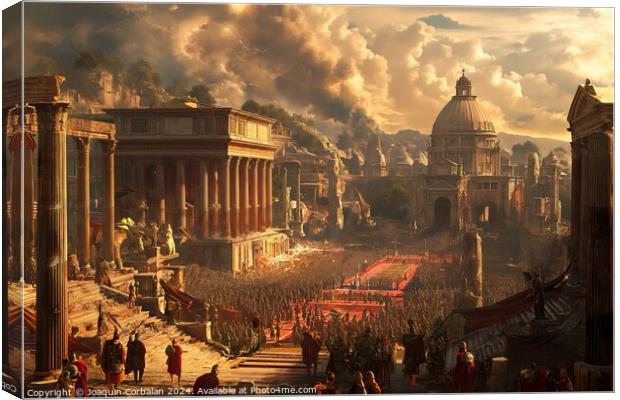 A realistic painting showcasing a Roman city amidst crumbling ruins, offering a glimpse into the historical past. Canvas Print by Joaquin Corbalan