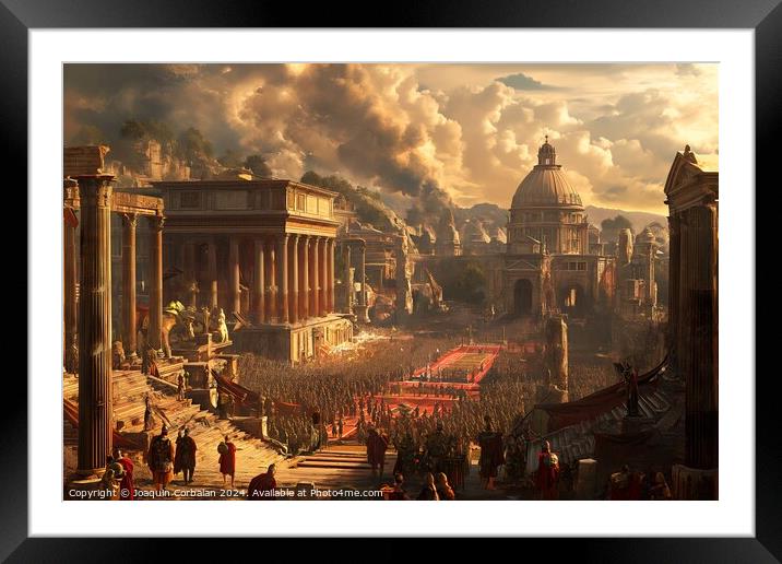 A realistic painting showcasing a Roman city amidst crumbling ruins, offering a glimpse into the historical past. Framed Mounted Print by Joaquin Corbalan