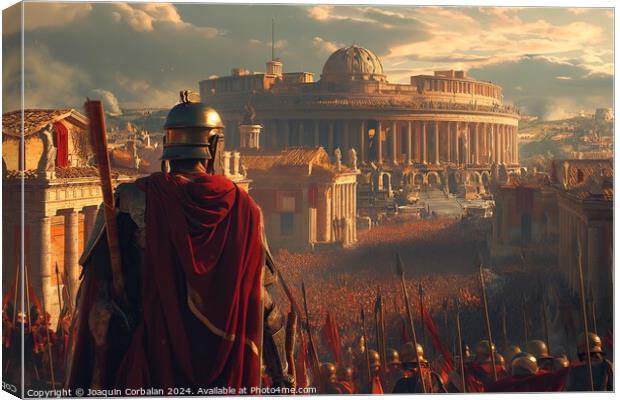 A Roman soldier stands proudly, portraying strength and authority, in front of a bustling city. Canvas Print by Joaquin Corbalan