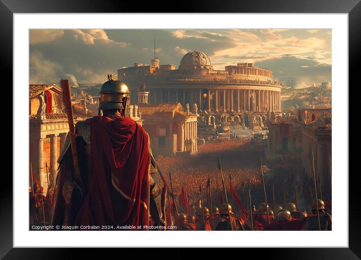 A Roman soldier stands proudly, portraying strength and authority, in front of a bustling city. Framed Mounted Print by Joaquin Corbalan