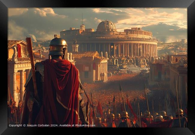 A Roman soldier stands proudly, portraying strength and authority, in front of a bustling city. Framed Print by Joaquin Corbalan
