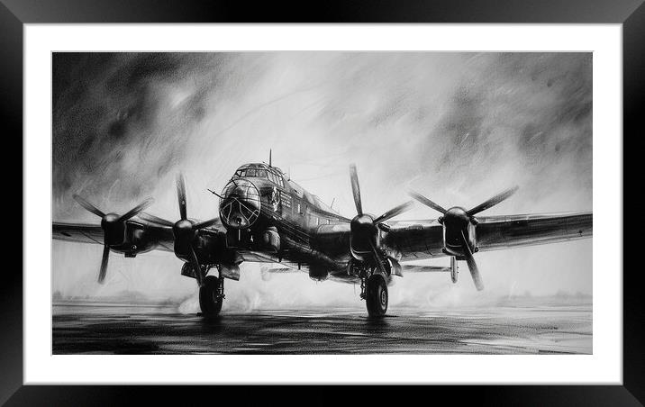 Lancaster Bomber In Charcoal Framed Mounted Print by Airborne Images