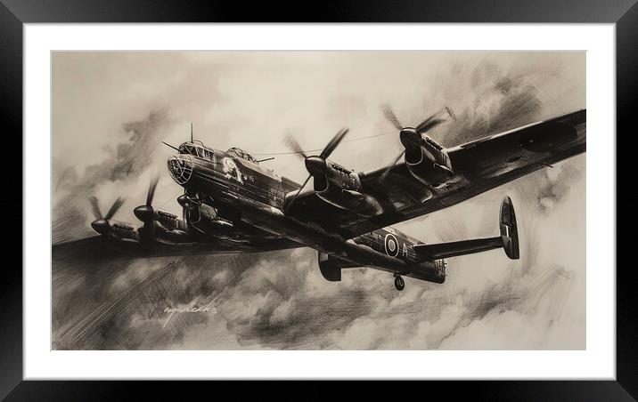 Lancaster Bomber In Charcoal Framed Mounted Print by Airborne Images