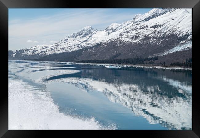 Snow capped mountains reflected in the waters of  Prince William Sound  with floating ice in Alaska, USAtain Framed Print by Dave Collins