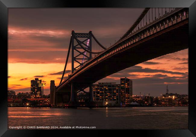 Benjamin Franklyn Bridge at Sunset Framed Print by CHRIS BARNARD