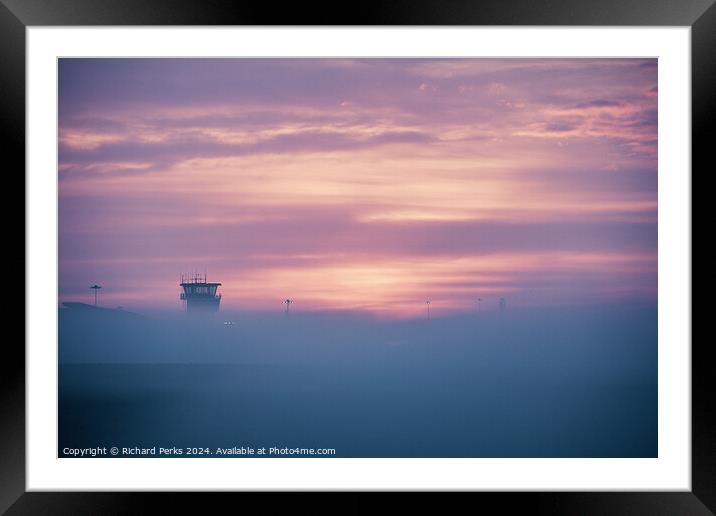 Leeds Bradford Airport Tower in the Fog Framed Mounted Print by Richard Perks
