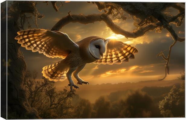 Barn Owl at Sunset Canvas Print by T2 