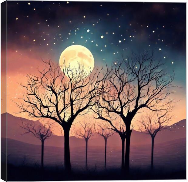 Bare Trees Reaching For The Moon Canvas Print by Anne Macdonald