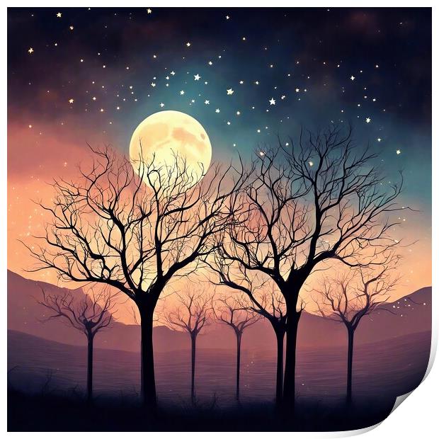 Bare Trees Reaching For The Moon Print by Anne Macdonald