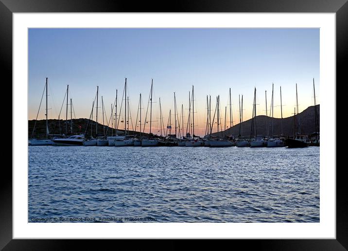 Boat masts at sunset, Lipsi 2 Framed Mounted Print by Paul Boizot