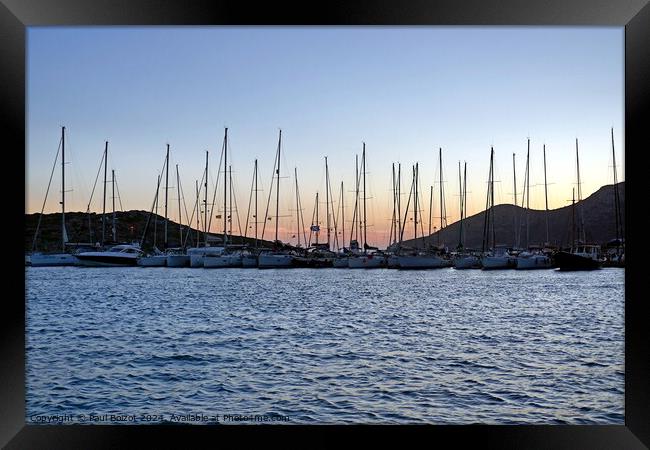 Boat masts at sunset, Lipsi 2 Framed Print by Paul Boizot