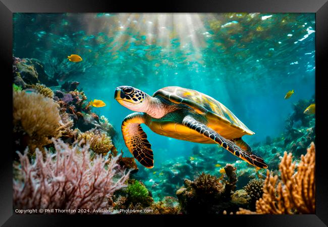 Single turtle glides effortlessly through a beauti Framed Print by Phill Thornton