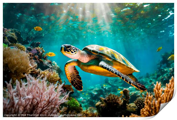 Single turtle glides effortlessly through a beauti Print by Phill Thornton