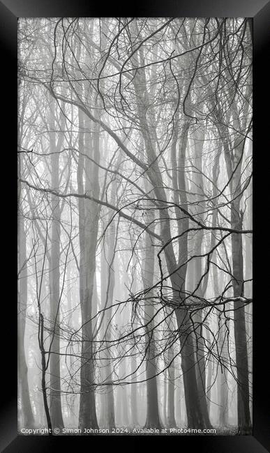 Woodland mist monochrome  Framed Print by Simon Johnson
