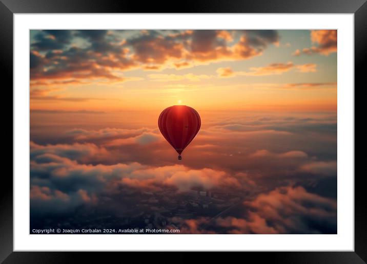 A wonderful trip in a red balloon over the clouds at sunset, copy space. Framed Mounted Print by Joaquin Corbalan