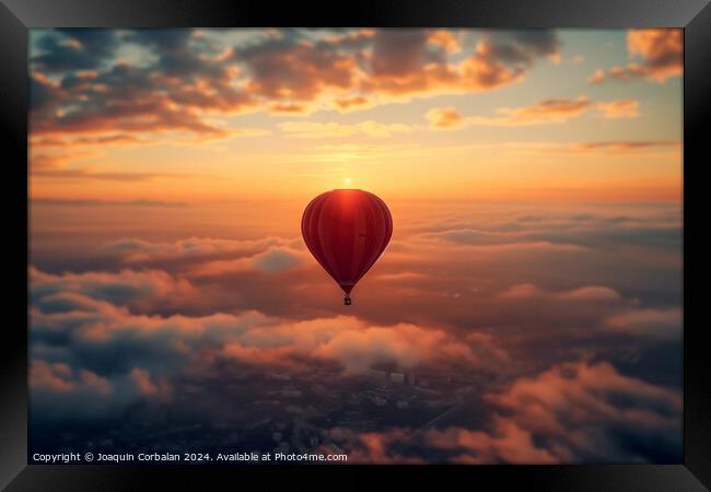 A wonderful trip in a red balloon over the clouds at sunset, copy space. Framed Print by Joaquin Corbalan