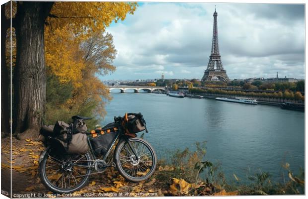 A bike is parked next to a tree, situated near a river in Paris. Canvas Print by Joaquin Corbalan