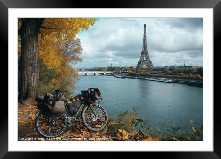 A bike is parked next to a tree, situated near a river in Paris. Framed Mounted Print by Joaquin Corbalan
