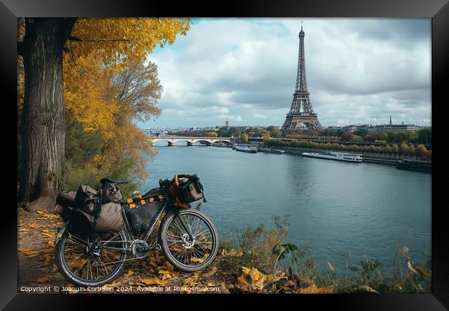 A bike is parked next to a tree, situated near a river in Paris. Framed Print by Joaquin Corbalan